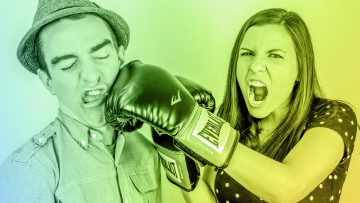 Woman with boxing glove beating a man next to her representing contempt, one of the 4 toxins of teamwork